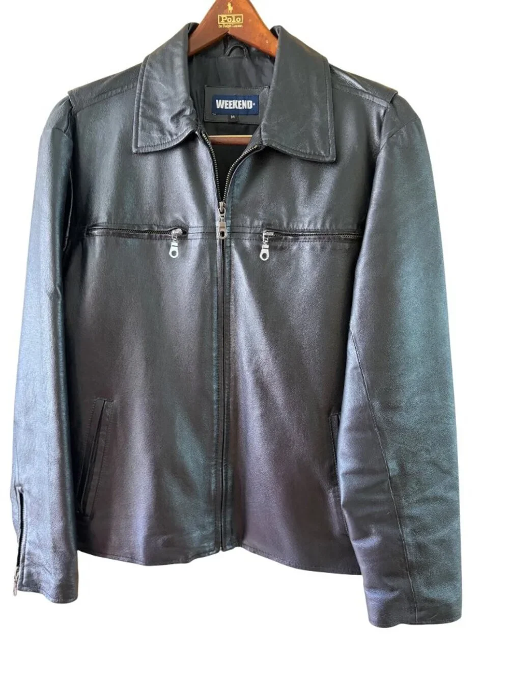 Weekend Mens Leather Moto Jacket Size M Black Zipper Front Minimalist Vintage